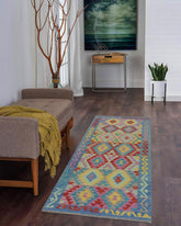 Flat Weave Kilim Antique Navaho Vintage handmade Geometric Kilim Red Blue Hand-Woven Runner 100% Wool Area Rug 3x6